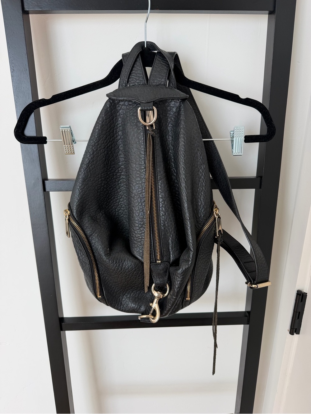 Rebecca Minkoff Black Pebbled Leather Backpack with Gold Hardware Julian Style